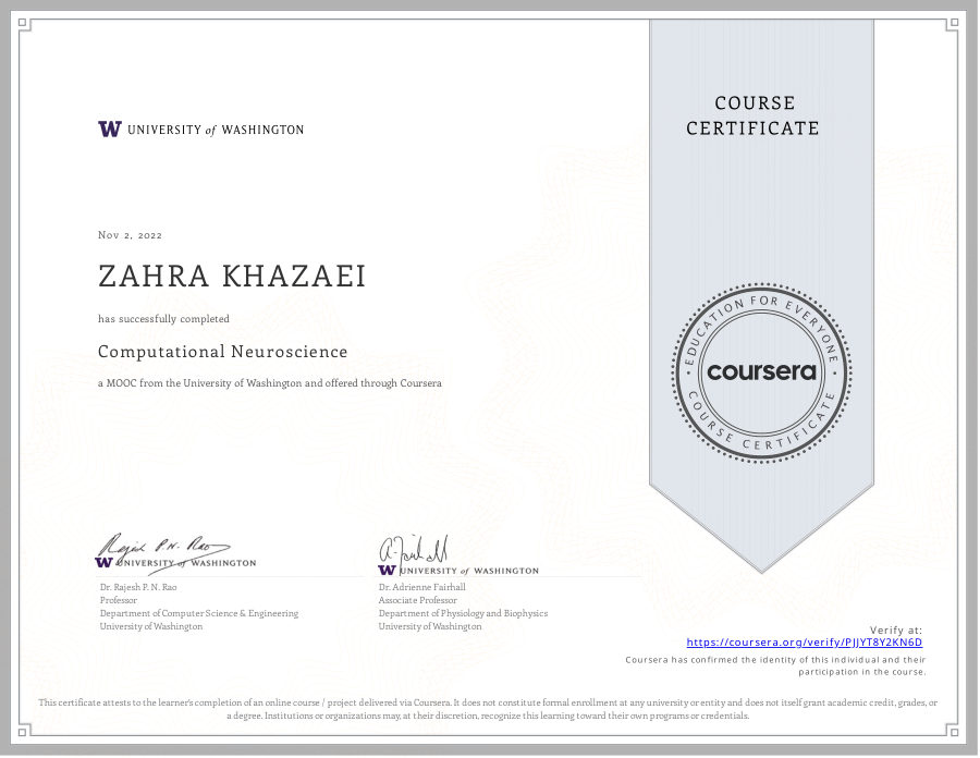 Computational Neuroscience certificate