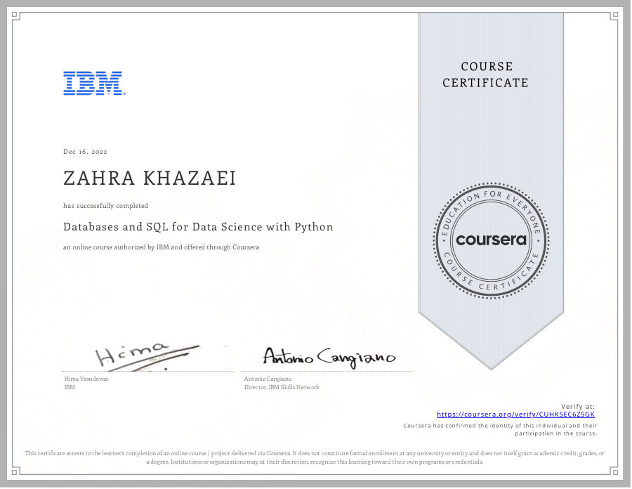 Databases and SQL for Data Science with Python certificate