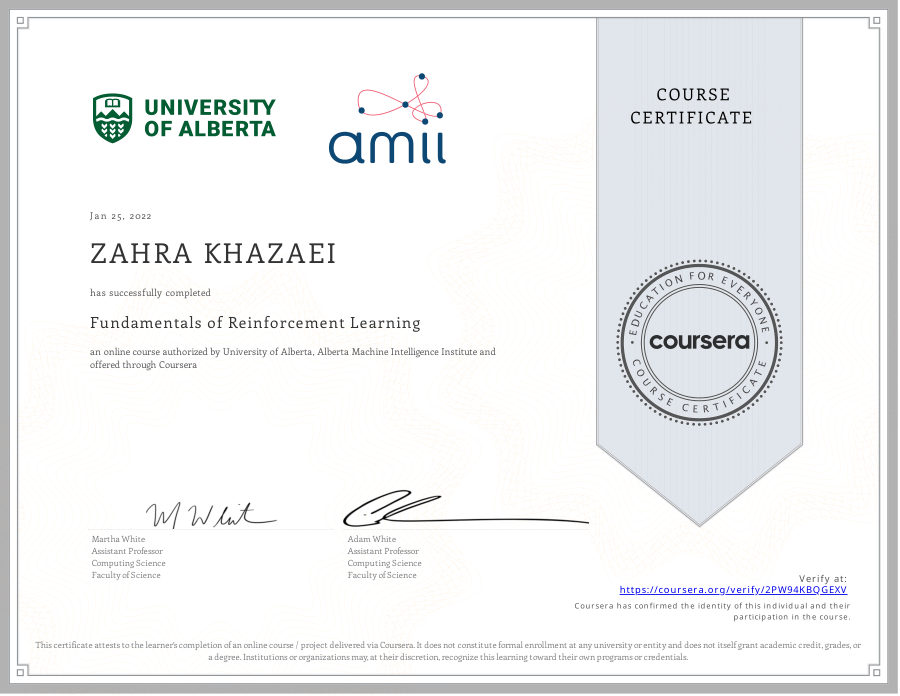 Fundamentals of Reinforcement Learning certificate