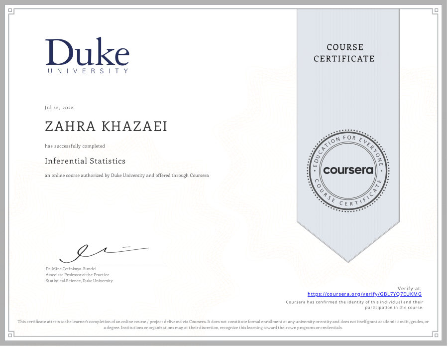 Inferential Statistics certificate