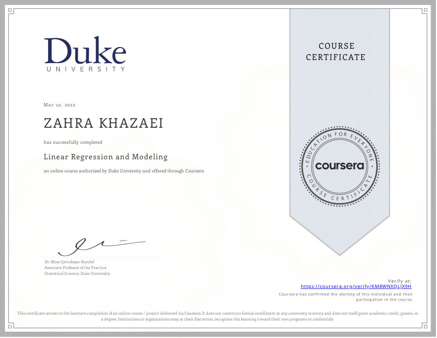 Linear Regression and Modeling certificate