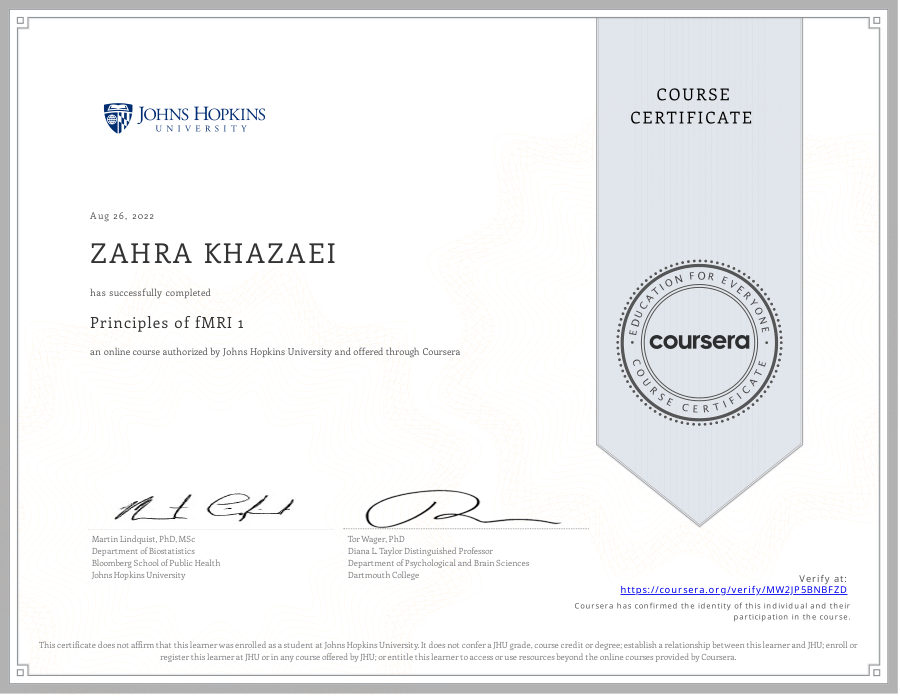 Principles of fMRI 1 certificate