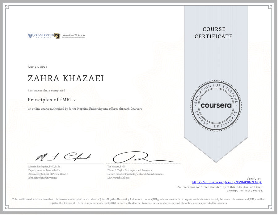 Principles of fMRI 2 certificate